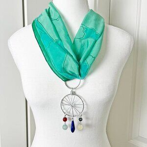 Green Sheer Scarf Kerchief w/ Convertible Dreamcatcher Gemstone Necklace Set